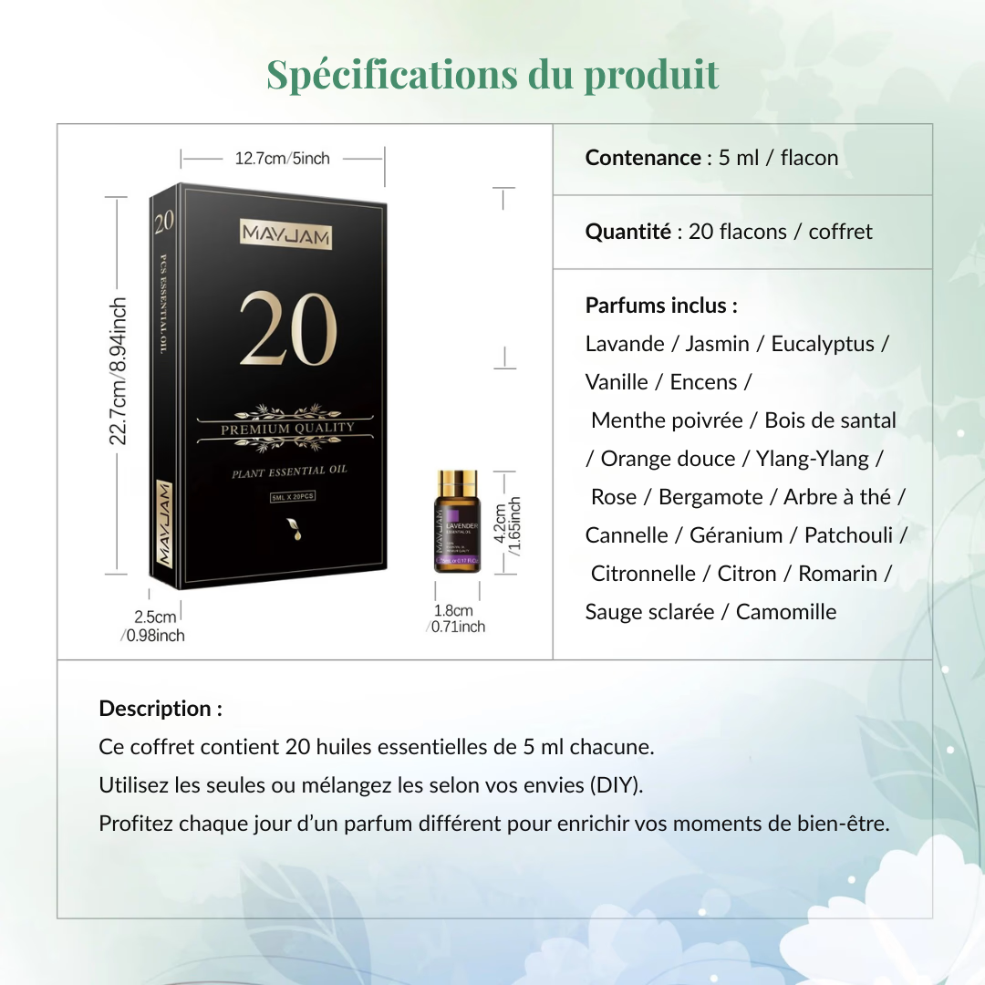 Coffret Huiles Essentielles – Luxe Sensoriel (20 x 5ml) | Aromathérapie & Bien-être